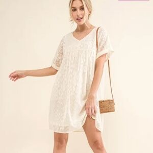 And The Why Woven Leopard Print Ivory Short Sleeve V Cut Babydoll Mini Dress